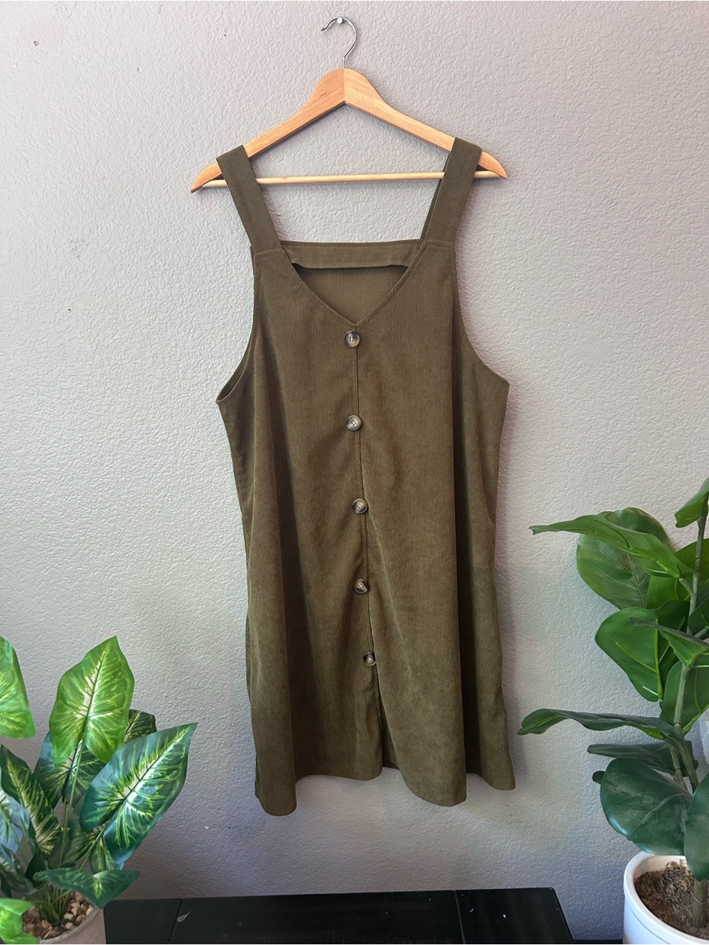 Olive Green Button-Front Pinafore Dress